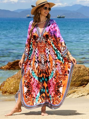 IMAGEKOPE Kaftan Dresses for Women Plus Size V-Neck Moo Moos Batwing Kaftan Beach Dress Bathing Suit Cover-Up Loungewear - Image 3