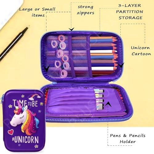 PLUSPOINT EVA 3D Unicorn Pencil Case Large Capacity Premium Stylish Case Embossed Compass With More Space, School Supply Organizer For Students, Stationery Box, Cosmetic Zip Pouch Bag, Blue - Image 4