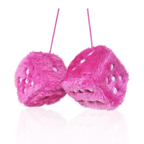 ORNALES Fuzzy Plush Dice for Car Mirror, Pair of 3” Pink Dice with White Dots Soft Retro Plush Car Interior Accessories for Car Rearview Mirror Hanging Decoration(Rose red) - Image 1