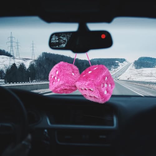 ORNALES Fuzzy Plush Dice for Car Mirror, Pair of 3” Pink Dice with White Dots Soft Retro Plush Car Interior Accessories for Car Rearview Mirror Hanging Decoration(Rose red) - Image 5