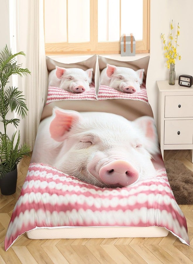Castle Fairy Cute Pig Bedding Set Queen,Sleeping Pig Comforter Cover for Boys Girls,Kids Pink Stripes Duvet Cover Set Kawaii Animals Bedding Fashion Teens Bedroom Decor 3 Pcs Bed Collection(No Comforter) - Image 3