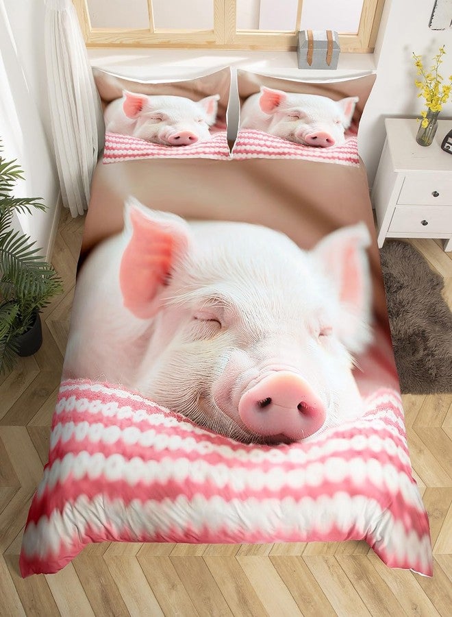Castle Fairy Cute Pig Bedding Set Queen,Sleeping Pig Comforter Cover for Boys Girls,Kids Pink Stripes Duvet Cover Set Kawaii Animals Bedding Fashion Teens Bedroom Decor 3 Pcs Bed Collection(No Comforter) - Image 1