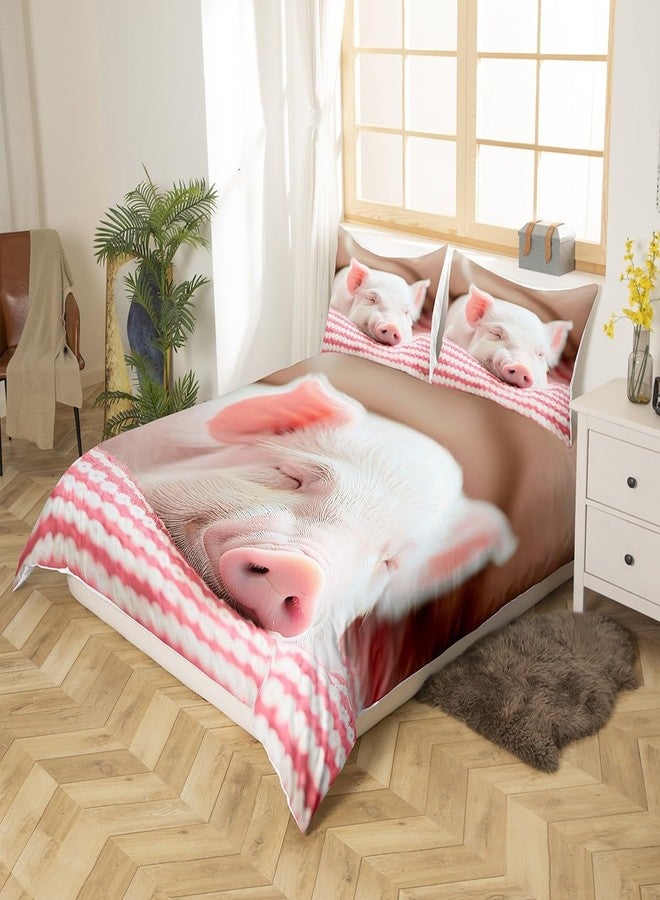 Castle Fairy Cute Pig Bedding Set Queen,Sleeping Pig Comforter Cover for Boys Girls,Kids Pink Stripes Duvet Cover Set Kawaii Animals Bedding Fashion Teens Bedroom Decor 3 Pcs Bed Collection(No Comforter) - Image 2