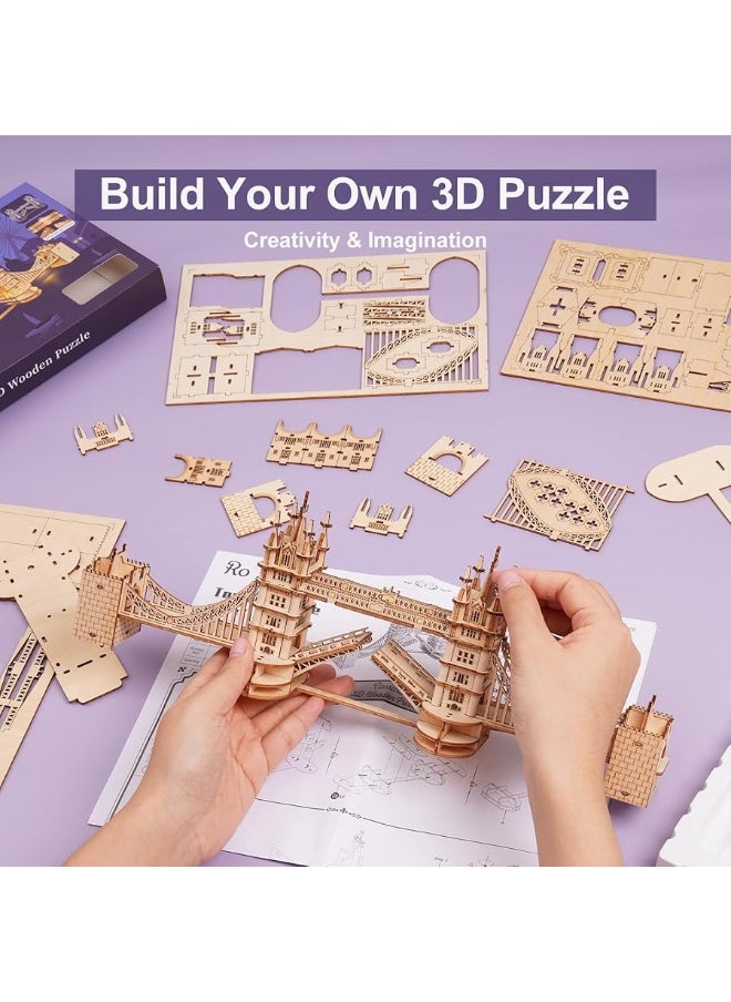 Robotime ROBOTIME 3D Puzzle Wooden Craft Kits with LED Light DIY Tower Bridge Construction Model Kit to Build for Teens Brain Teaser Puzzle Home Decor Birthday Gifts  - Image 1