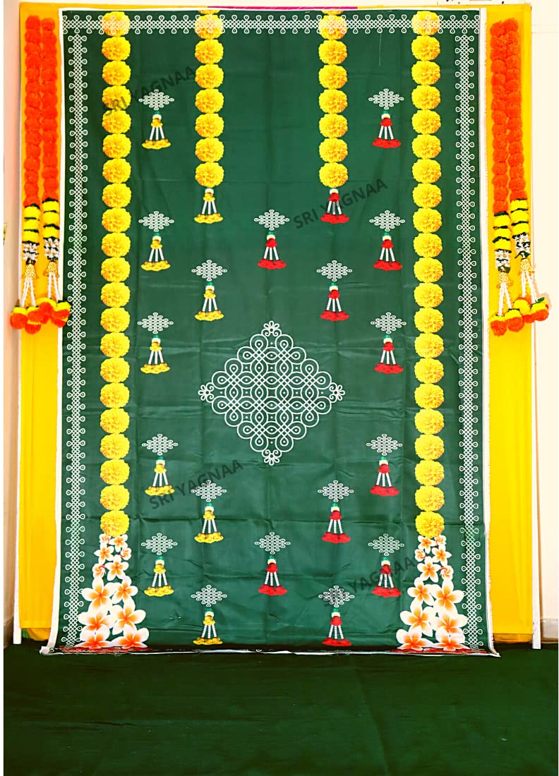 Sri Yagnaa - Backdrop Cloth for Pooja Decoration - M 15 - Traditional Background Curtain Cloth for Festival (5x8 Ft) (Green Backdrop with Muggu and Yellow Flower Hangings) - Image 2