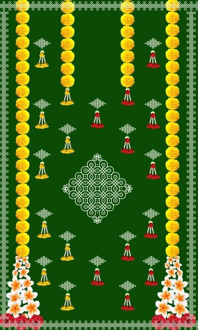 Sri Yagnaa - Backdrop Cloth for Pooja Decoration - M 15 - Traditional Background Curtain Cloth for Festival (5x8 Ft) (Green Backdrop with Muggu and Yellow Flower Hangings) - Image 1