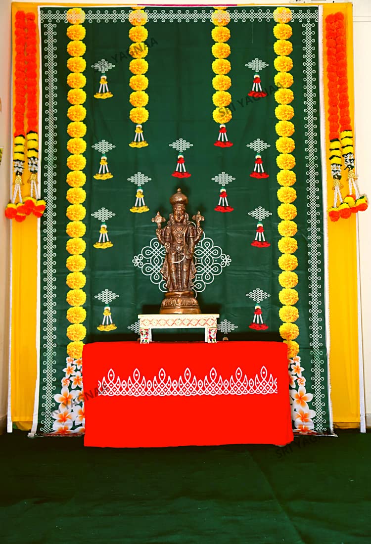 Sri Yagnaa - Backdrop Cloth for Pooja Decoration - M 15 - Traditional Background Curtain Cloth for Festival (5x8 Ft) (Green Backdrop with Muggu and Yellow Flower Hangings) - Image 5