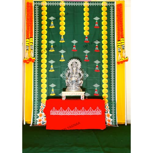 Sri Yagnaa - Backdrop Cloth for Pooja Decoration - M 15 - Traditional Background Curtain Cloth for Festival (5x8 Ft) (Green Backdrop with Muggu and Yellow Flower Hangings) - Image 3