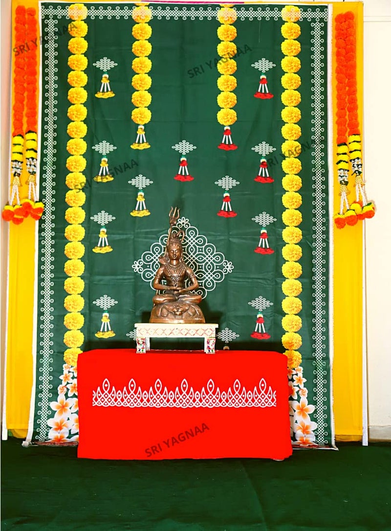Sri Yagnaa - Backdrop Cloth for Pooja Decoration - M 15 - Traditional Background Curtain Cloth for Festival (5x8 Ft) (Green Backdrop with Muggu and Yellow Flower Hangings) - Image 4