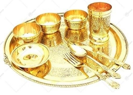 ABB Store Brass THALI Dinner Set/Peetal Ki Thali/9 Pieces (12 INCH Plate) (Brass THALI Dinner Set-14 INCH) - Image 2