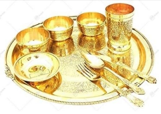 ABB Store Brass THALI Dinner Set/Peetal Ki Thali/9 Pieces (12 INCH Plate) (Brass THALI Dinner Set-14 INCH) - Image 4