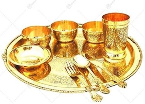 ABB Store Brass THALI Dinner Set/Peetal Ki Thali/9 Pieces (12 INCH Plate) (Brass THALI Dinner Set-14 INCH) - Image 1