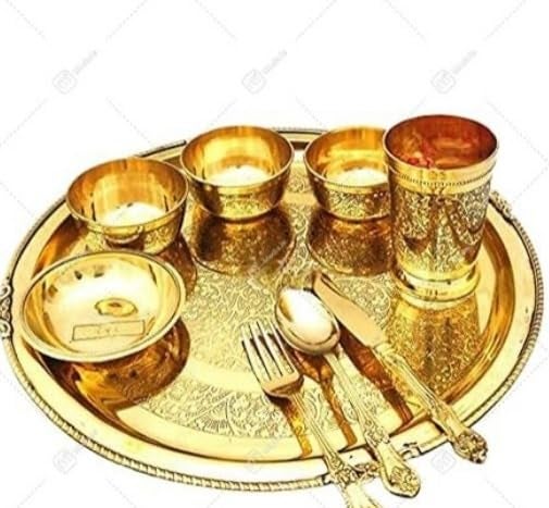 ABB Store Brass THALI Dinner Set/Peetal Ki Thali/9 Pieces (12 INCH Plate) (Brass THALI Dinner Set-14 INCH) - Image 3