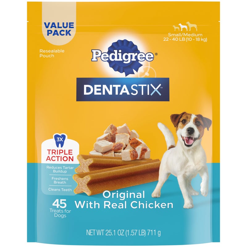 Pedigree Dentastix Small & Medium Breed Dog Treats, Original with Real Chicken, 21.1 oz. Bag (45 Treats) - Image 1