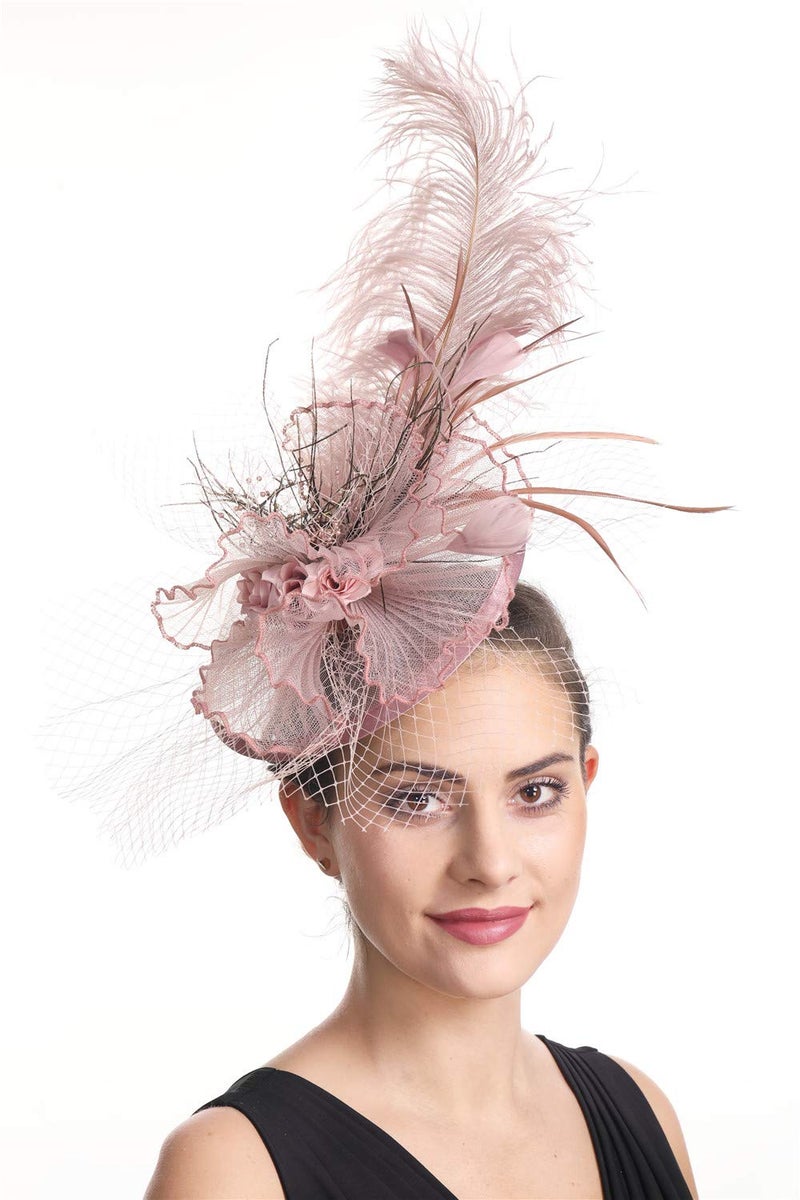 SAFERIN Fascinators Hat Flower Feather Net Mesh Kentucky Derby Tea Party Headwear with Hair Clip and Hairband for Women (TA12-Pink) - Image 2