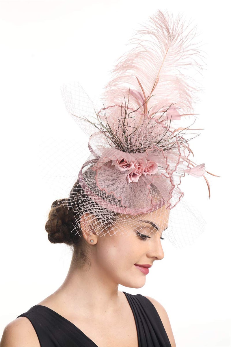 SAFERIN Fascinators Hat Flower Feather Net Mesh Kentucky Derby Tea Party Headwear with Hair Clip and Hairband for Women (TA12-Pink) - Image 3