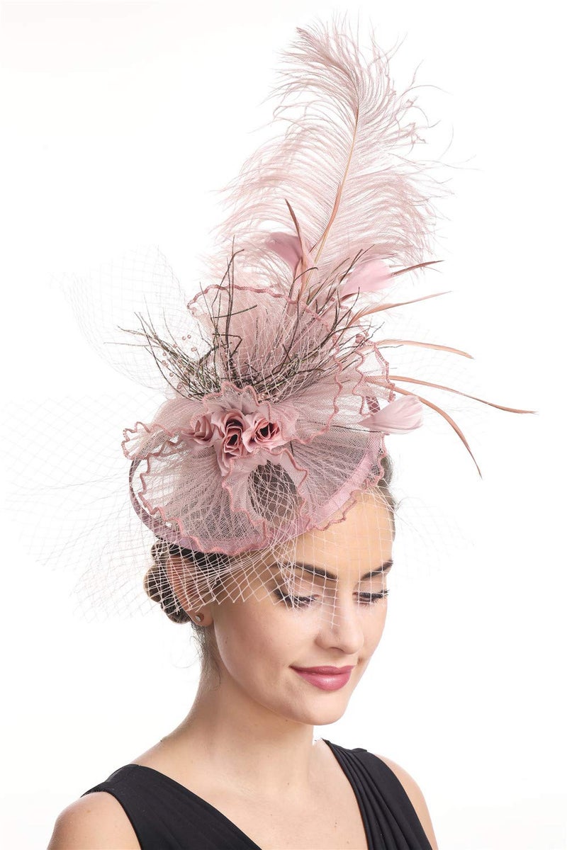 SAFERIN Fascinators Hat Flower Feather Net Mesh Kentucky Derby Tea Party Headwear with Hair Clip and Hairband for Women (TA12-Pink) - Image 1