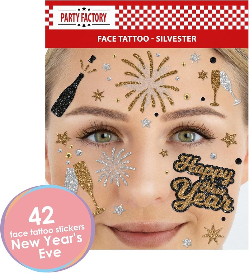 Party Factory Set product combo compatible Happy New Year Face Tattoo, Temporary Glitter Face Tattoo for Children and Adults for New Year's Eve, Theme Party Popular practical build - Image 2