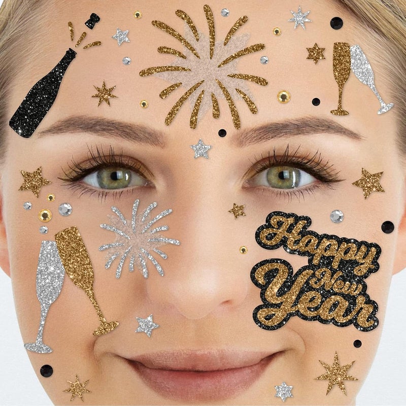 Party Factory Set product combo compatible Happy New Year Face Tattoo, Temporary Glitter Face Tattoo for Children and Adults for New Year's Eve, Theme Party Popular practical build - Image 1