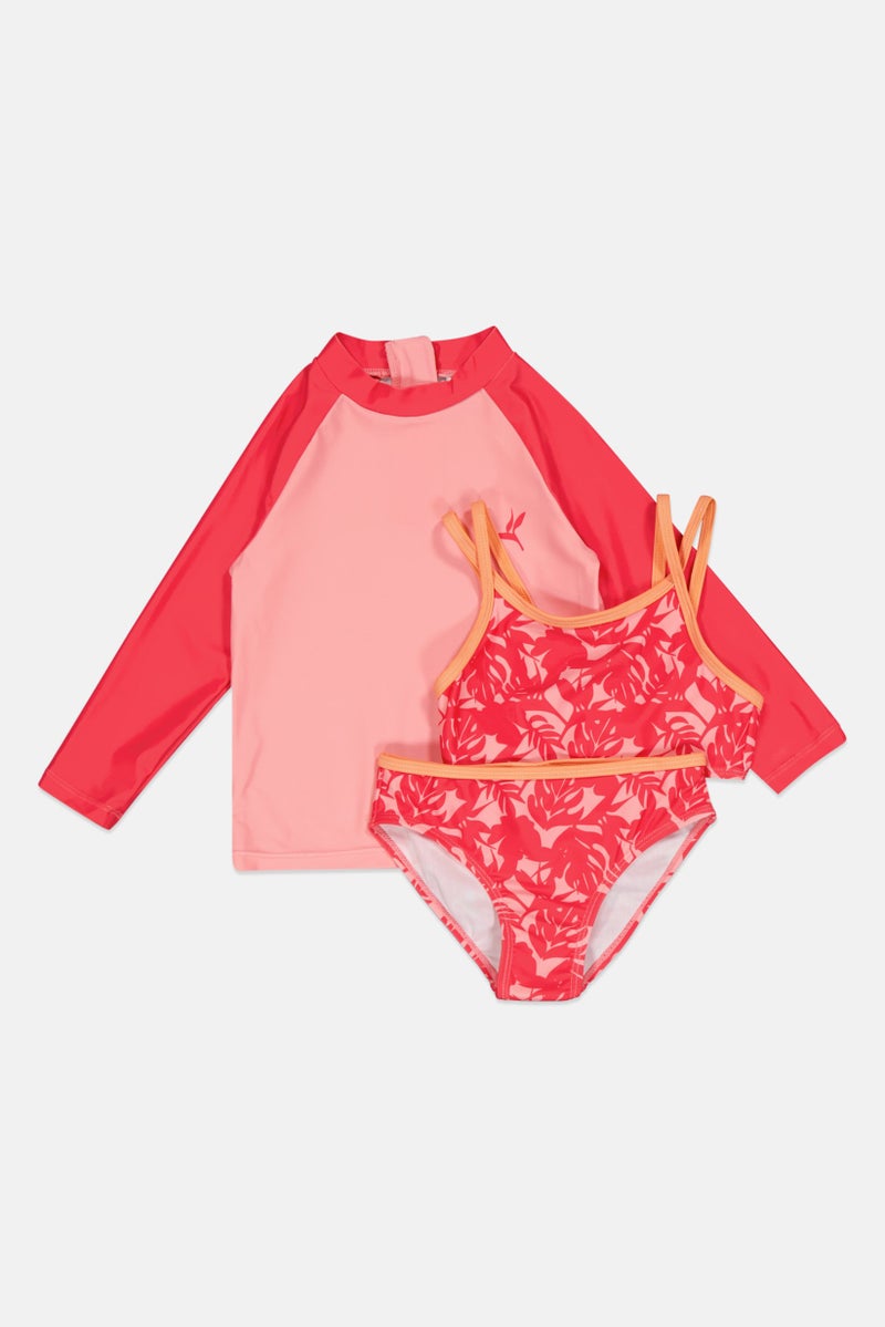 L&J Swim Club Toddlers Girl 3 Pieces Floral Print Swim Top And Bottom Set With Rash Guard, Multicolor - Image 1