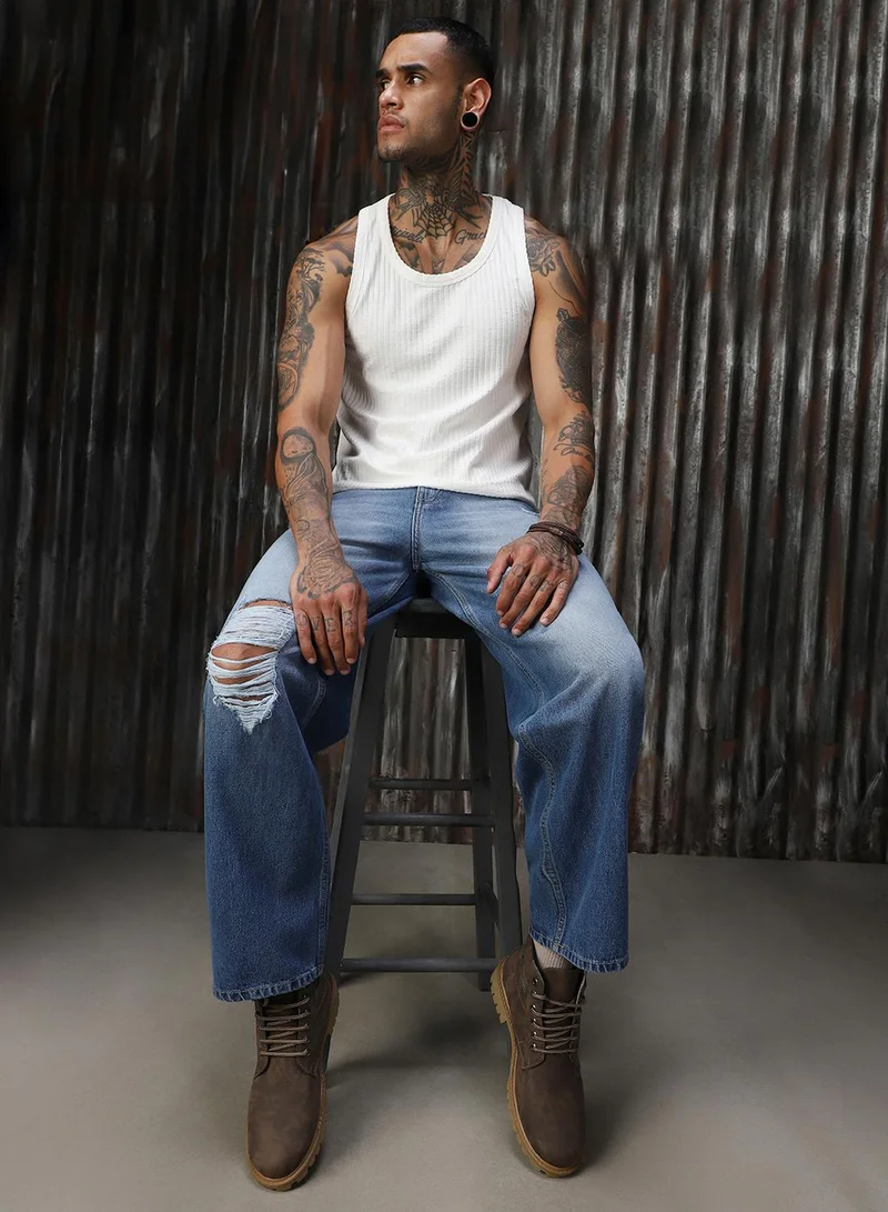 Men's Indigo 100% Cotton Distressed Full Length Loose Fit Jeans