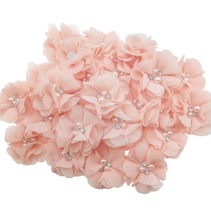 DonLeeving 30 PCS Rhinestone Pearl Apricot Color Chiffon Flower Sewing Fabric Appliques for Clothing, Headbands Flower, Crafts, Party Decoration, Sewing Applique - Image 1