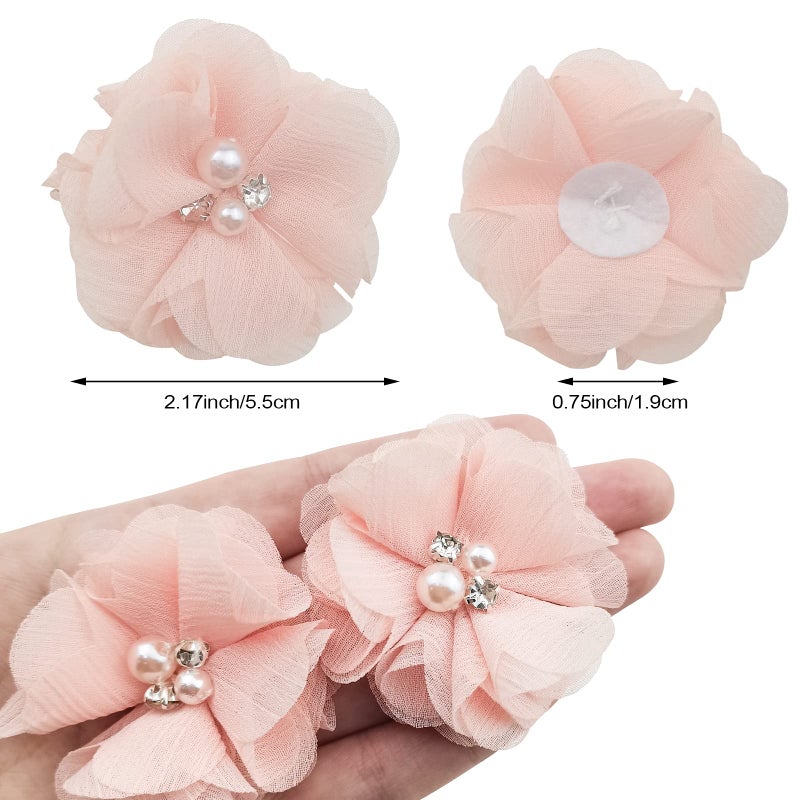 DonLeeving 30 PCS Rhinestone Pearl Apricot Color Chiffon Flower Sewing Fabric Appliques for Clothing, Headbands Flower, Crafts, Party Decoration, Sewing Applique - Image 2