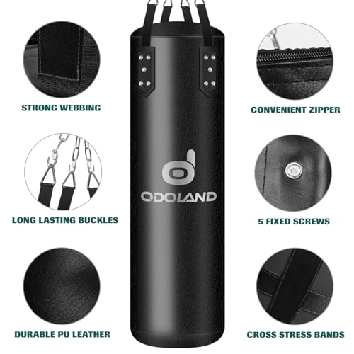 Odoland Punching Bag Set for Adults, 4FT PU Heavy Boxing Bag with 12OZ Boxing Gloves, Hand Wraps, Hanging Chains for MMA Karate Kickboxing Martial Art Home Gym Trainging - Unfilled - Image 3