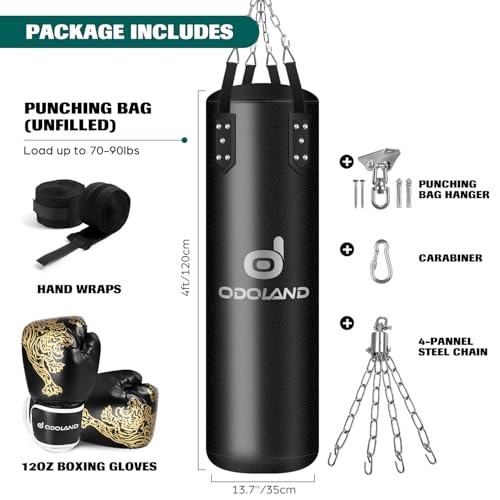 Odoland Punching Bag Set for Adults, 4FT PU Heavy Boxing Bag with 12OZ Boxing Gloves, Hand Wraps, Hanging Chains for MMA Karate Kickboxing Martial Art Home Gym Trainging - Unfilled - Image 2