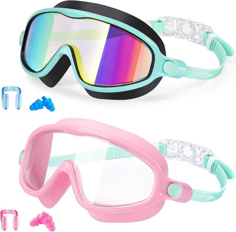 Seago Swim Goggles 2 Pack Anti-Fog Anti-UV Wide View Swimming Goggles for Kids 3-14 - Image 1