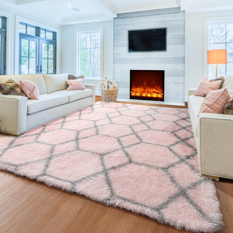 ONASAR Rugs for Living Room Bedroom 5x8 Washable Fluffy Pink and Grey Area Rug Geometric Boho Soft Plush Shaggy Fuzzy Floor Carpet for Nursery Kids Girls Boys Teen Dorm Home Decor Aesthetic