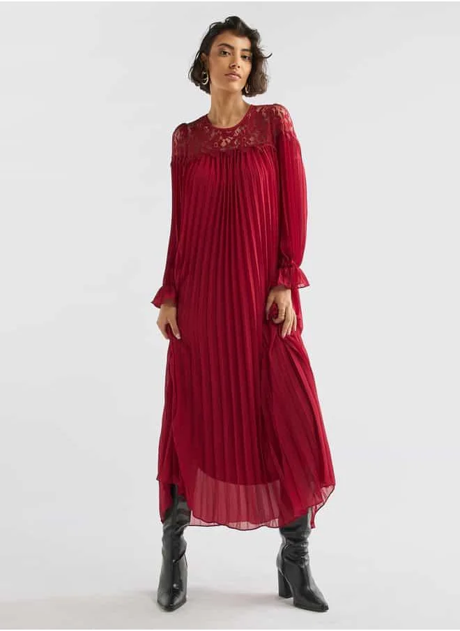 FAV Pleated Lace Detail Maxi Dress with Long Sleeves