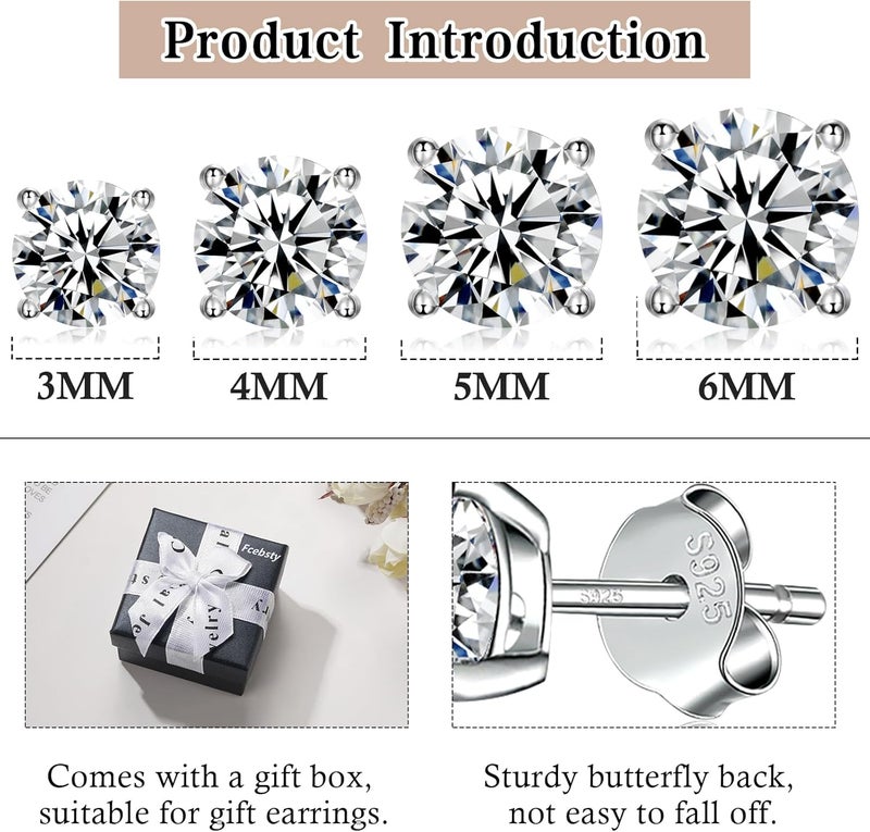 Fcebsty Store 925 Sterling Silver Stud earrings Set | White Gold Plated Hypoallergenic Stud Earrings | Cubic Zirconia Stud Earrings for Women (2mm,3mm,4mm,5mm,6mm,7mm) 8 CZ colors options - Image 1