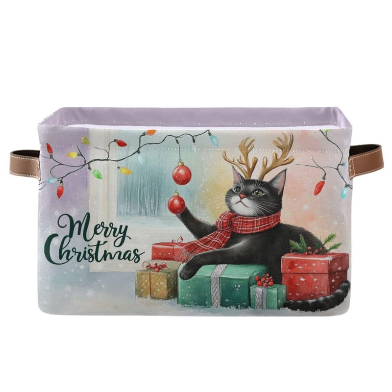 Wamika Christmas Cat Storage Basket with Waterproof Liner and PU Handles Xmas Bells Winter Kitty Snowflake Storage Bins Boxes 142 Collapsible Decorative Organizer Baskets for Bedroom Closet Office 1 Pack - Image 2