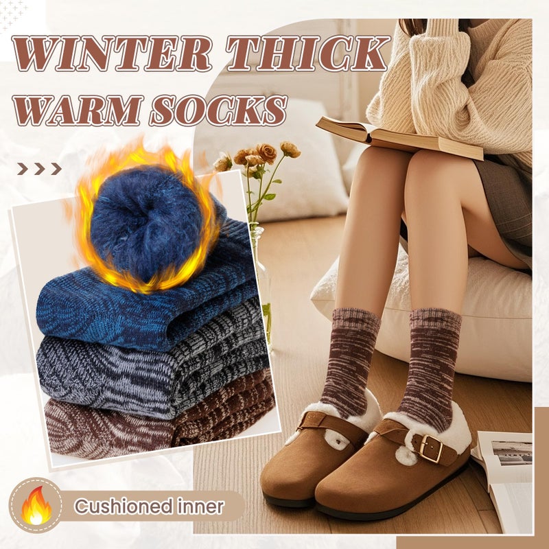 SeeyAN Winter Thermal Socks For Women & Men Warm Extra Thick Boot Insulated Heated Ski Crew Socks For Cold Weather 3 Pairs (Black+Brown+Blue, Medium) - Image 3