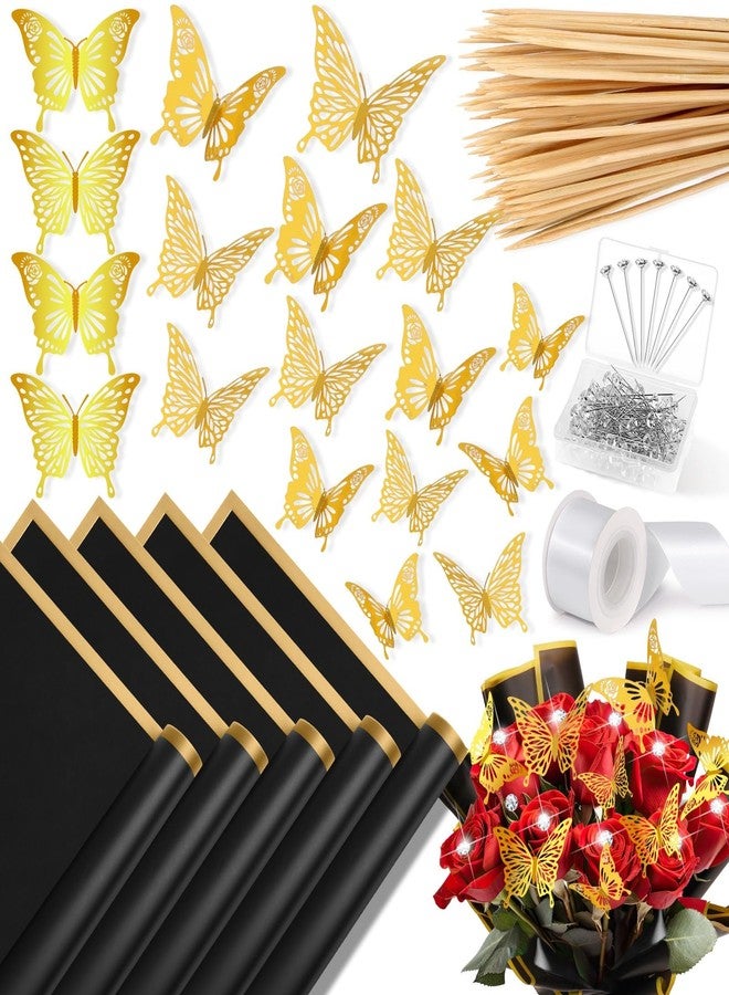 Flasoo 235Pcs Floral Wrapping Paper for Bouquet, Money Bouquet Kit with 20 Sheets Black Flower Wrapping Paper, Butterflies, Rhinestone Pins, Ribbons and Wooden Sticks for Flower Bouquets - Image 1