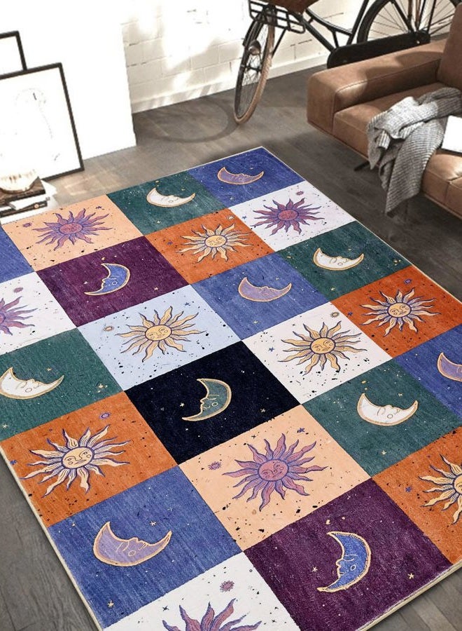 Ouyattle Boho Sun and Moon Washable Rug Ultra Thin, Vintage Mystical Celestial Checkerboard 4x6 Area Rug for Living Room Entryway Kitchen Dorm, Hippie Retro Aesthetic Cute Trendy Indie Bedroom Accent Carpet - Image 2