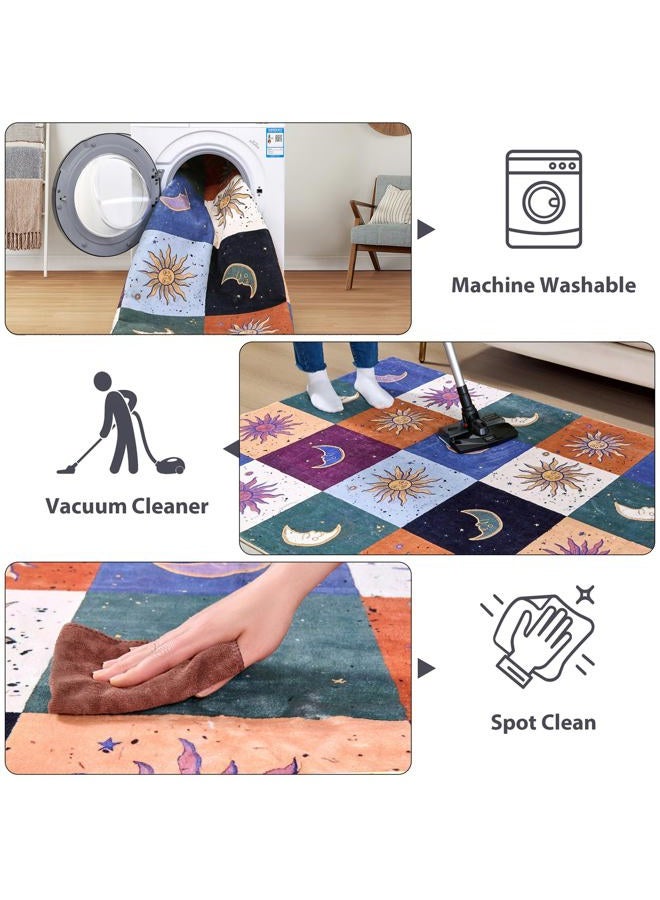 Ouyattle Boho Sun and Moon Washable Rug Ultra Thin, Vintage Mystical Celestial Checkerboard 4x6 Area Rug for Living Room Entryway Kitchen Dorm, Hippie Retro Aesthetic Cute Trendy Indie Bedroom Accent Carpet - Image 5