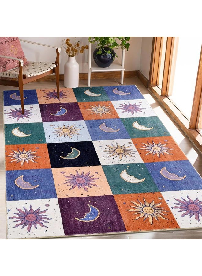 Ouyattle Boho Sun and Moon Washable Rug Ultra Thin, Vintage Mystical Celestial Checkerboard 4x6 Area Rug for Living Room Entryway Kitchen Dorm, Hippie Retro Aesthetic Cute Trendy Indie Bedroom Accent Carpet - Image 1