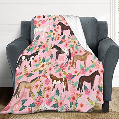 exroozy Horse Blanket Gifts for Girls Women Western Horses Flowers Fleece Flannel Throw Blankets Soft Lightweight Horse Plush Stuff Pink Throws for Kids Adults Bed Sofa Decor 50"x40" - Image 5
