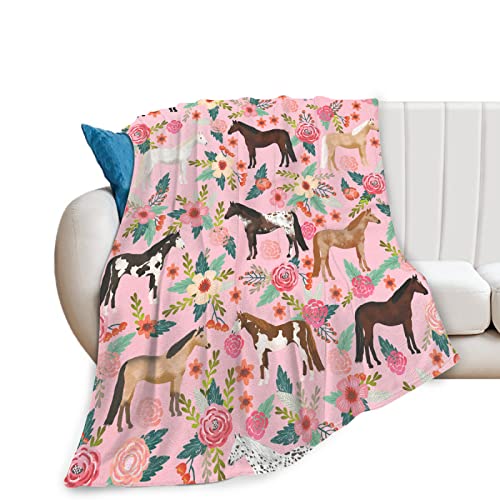 exroozy Horse Blanket Gifts for Girls Women Western Horses Flowers Fleece Flannel Throw Blankets Soft Lightweight Horse Plush Stuff Pink Throws for Kids Adults Bed Sofa Decor 50"x40" - Image 1