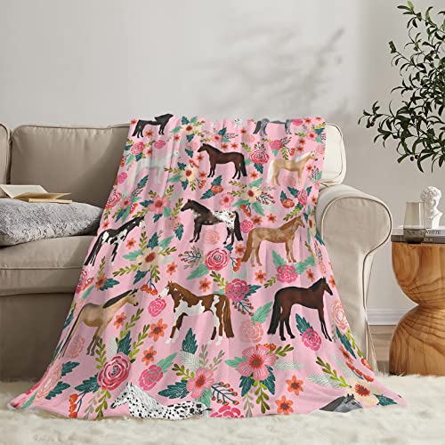 exroozy Horse Blanket Gifts for Girls Women Western Horses Flowers Fleece Flannel Throw Blankets Soft Lightweight Horse Plush Stuff Pink Throws for Kids Adults Bed Sofa Decor 50"x40" - Image 2
