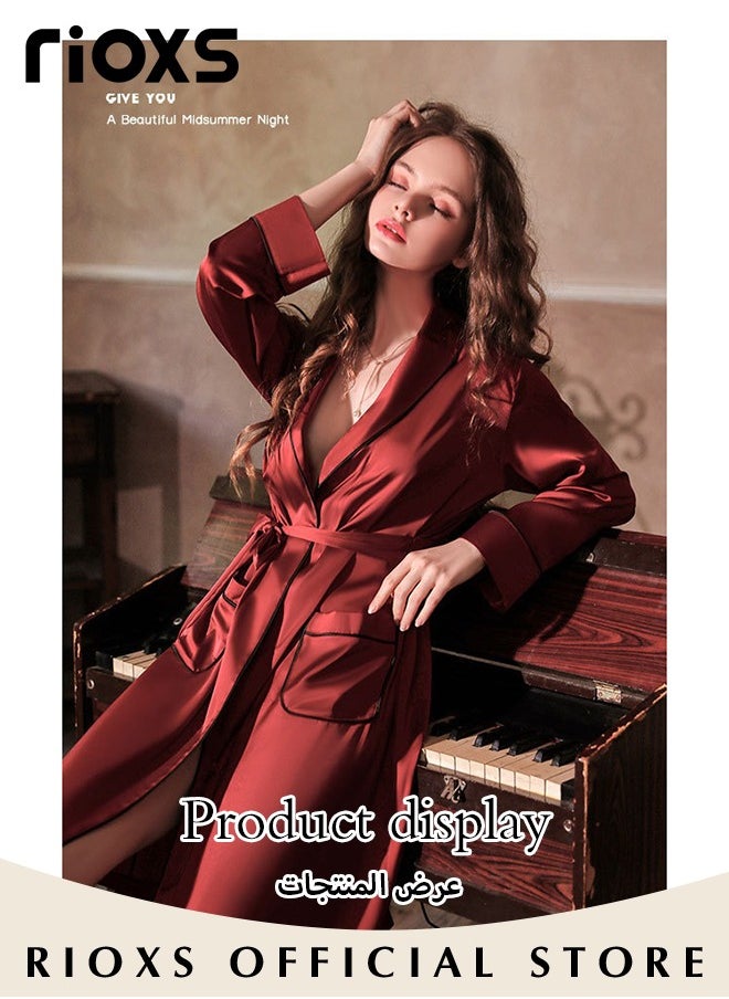 RIOXS Women's Silky Satin Long Robe with Adjustable Tie and 2 Pockets, Skin-friendly Lightweight Kimono Bathrobe, Stylish Comfortable Nightgown, Perfect for Wedding Day, Pajamas Party, Daily Life Wear and Spa  - Image 4