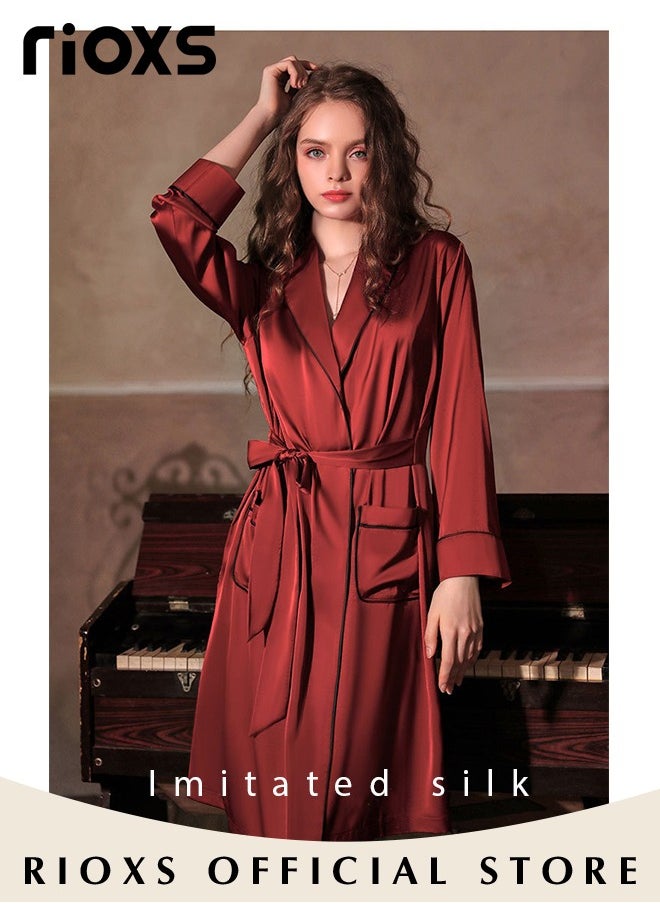 RIOXS Women's Silky Satin Long Robe with Adjustable Tie and 2 Pockets, Skin-friendly Lightweight Kimono Bathrobe, Stylish Comfortable Nightgown, Perfect for Wedding Day, Pajamas Party, Daily Life Wear and Spa  - Image 2