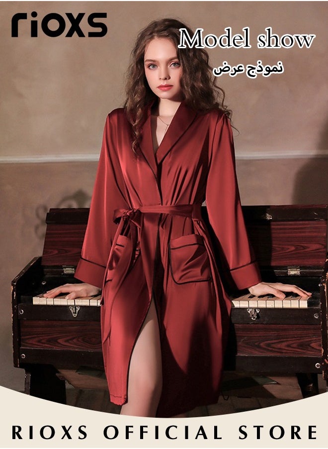RIOXS Women's Silky Satin Long Robe with Adjustable Tie and 2 Pockets, Skin-friendly Lightweight Kimono Bathrobe, Stylish Comfortable Nightgown, Perfect for Wedding Day, Pajamas Party, Daily Life Wear and Spa  - Image 3