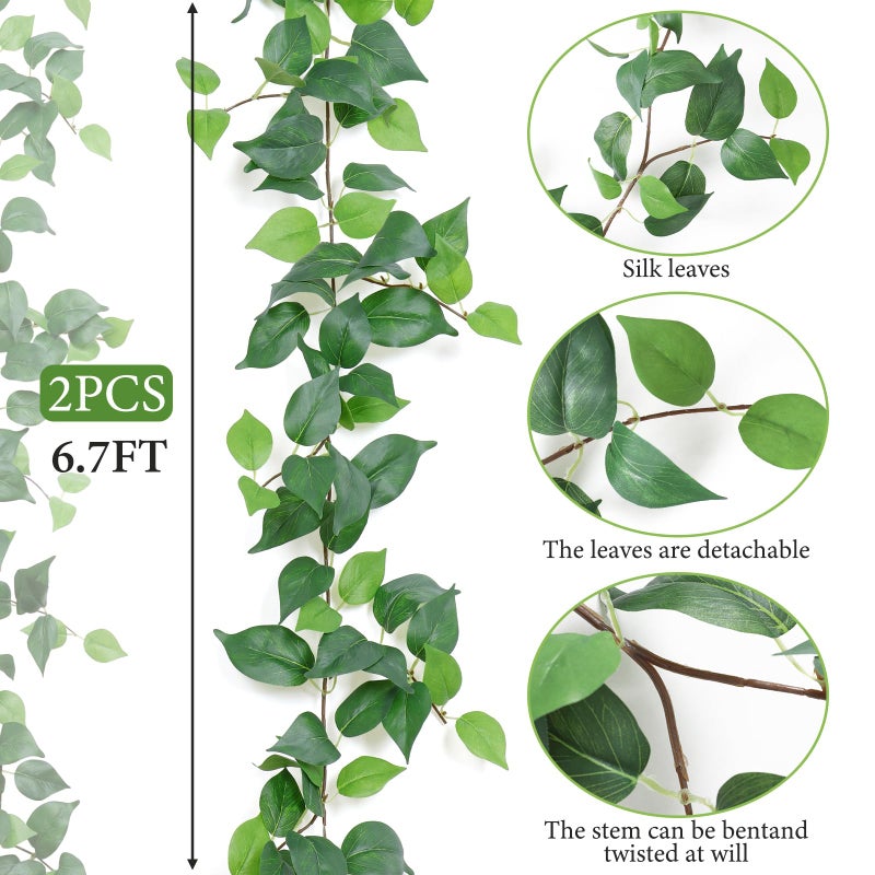 Dremisland 2 Strands Artificial Scindaps Vines Garland 6.7ft Fake Vines Ivy Garland Silk Green Leaves Faux Hanging Plants Greenery Decoration for Bedroom Wall Patio Party Wedding Decor (Ivy, 2PCS) - Image 3