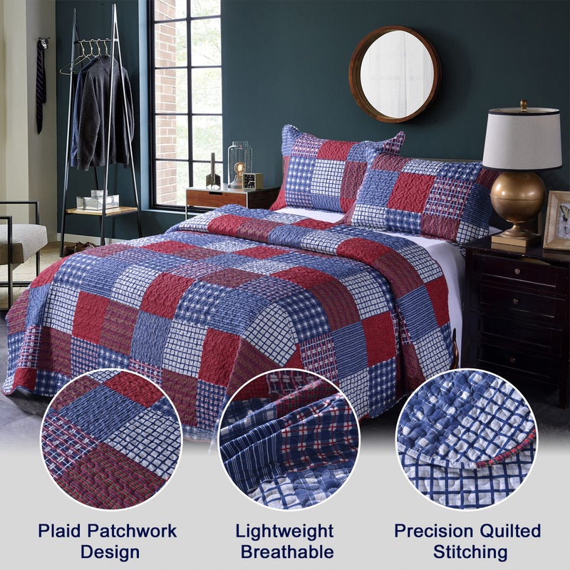 JessyHome Jessy Home Plaid Quilt Set Queen Bedspreads Coverlet Set Red Blue White Patchwork Queen Size Quilt Set Bedding Soft Lightweight Quilts Coverlet Country Reversible Quilt Bed Spread with 2 Pillow Shams - Image 2
