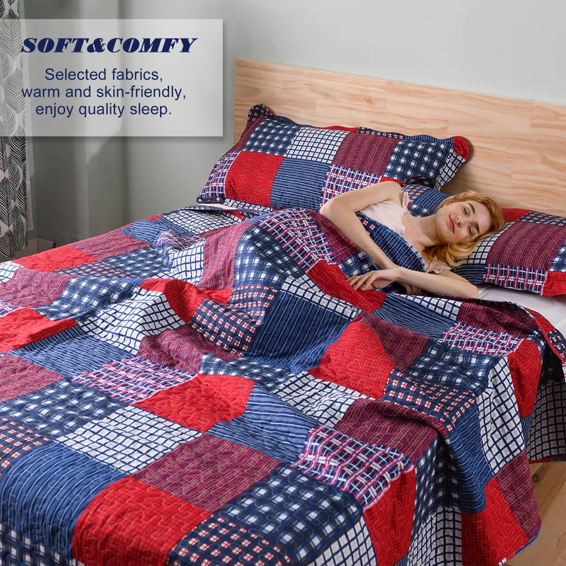JessyHome Jessy Home Plaid Quilt Set Queen Bedspreads Coverlet Set Red Blue White Patchwork Queen Size Quilt Set Bedding Soft Lightweight Quilts Coverlet Country Reversible Quilt Bed Spread with 2 Pillow Shams - Image 5