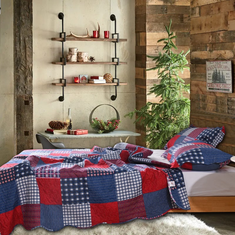 JessyHome Jessy Home Plaid Quilt Set Queen Bedspreads Coverlet Set Red Blue White Patchwork Queen Size Quilt Set Bedding Soft Lightweight Quilts Coverlet Country Reversible Quilt Bed Spread with 2 Pillow Shams - Image 4