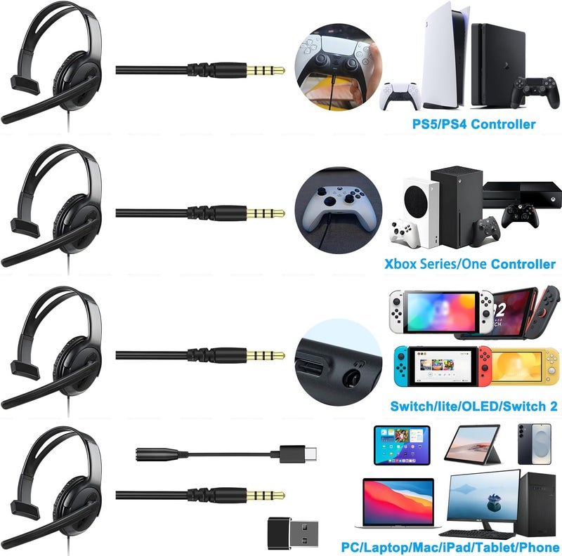 Megadream One Ear Gaming Headset with Mic (3.5mm) - Lightweight Single Ear Headset for PS5, PS4, Xbox, Switch, PC, Mac, iPad, Tablet - Includes USB-C & USB-A Adapters for Gaming, Remote Work & Business Calls - Image 2